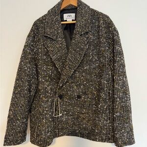 Zara Men's Black and Gray Tweed Pea Coat
